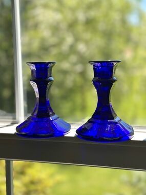 Vintage Cobalt Blue Glass Candlestick Pair